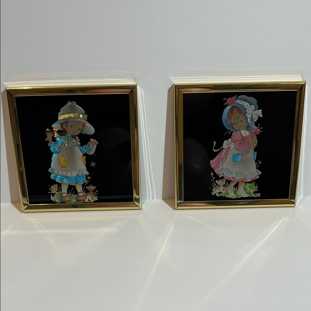 Vintage Kapka Industries Foil Art Girl Kitten Wall Decor